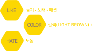 like:놀기,노래,패션 hate:노동 color:갈색(LIGHT BROWN)